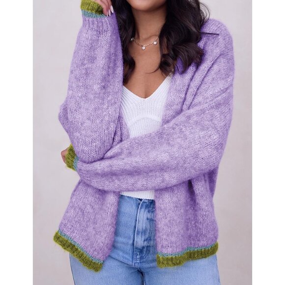 Women's Wool-Polyester Long Sleeve Color Block Open Front Cardigan - Picture 2 of 6